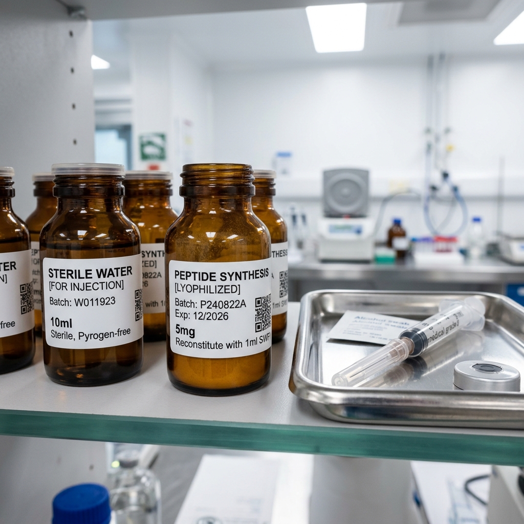 Amber glass vials with peptide powder in a clean laboratory setting.