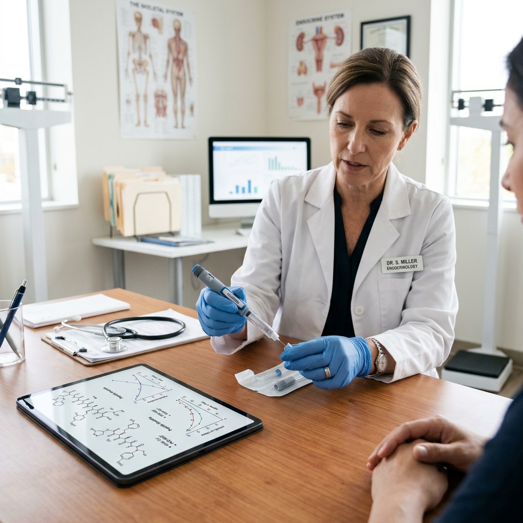 Doctor's gloved hands holding an injection pen next to a tablet showing molecular structures.