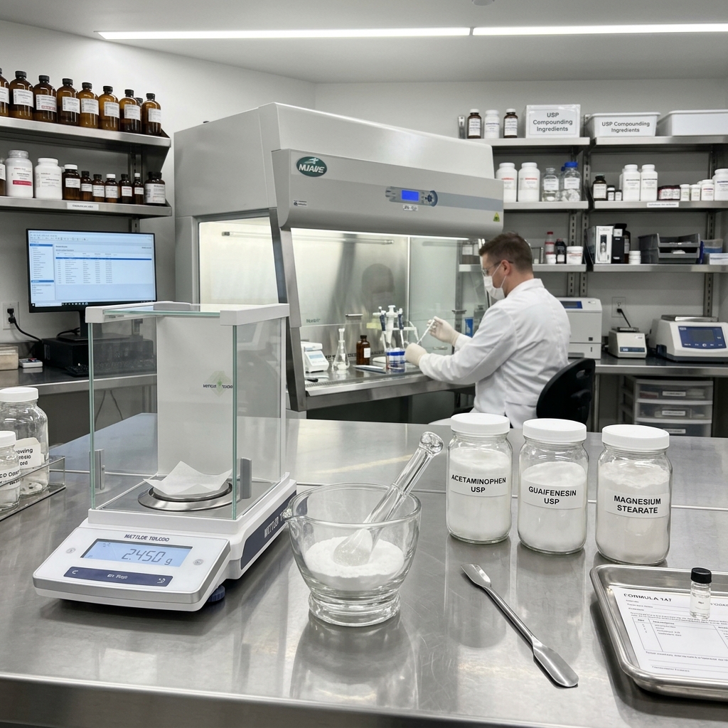 Sterile compounding equipment including a scale, spatula, and mortar on a stainless-steel workbench.