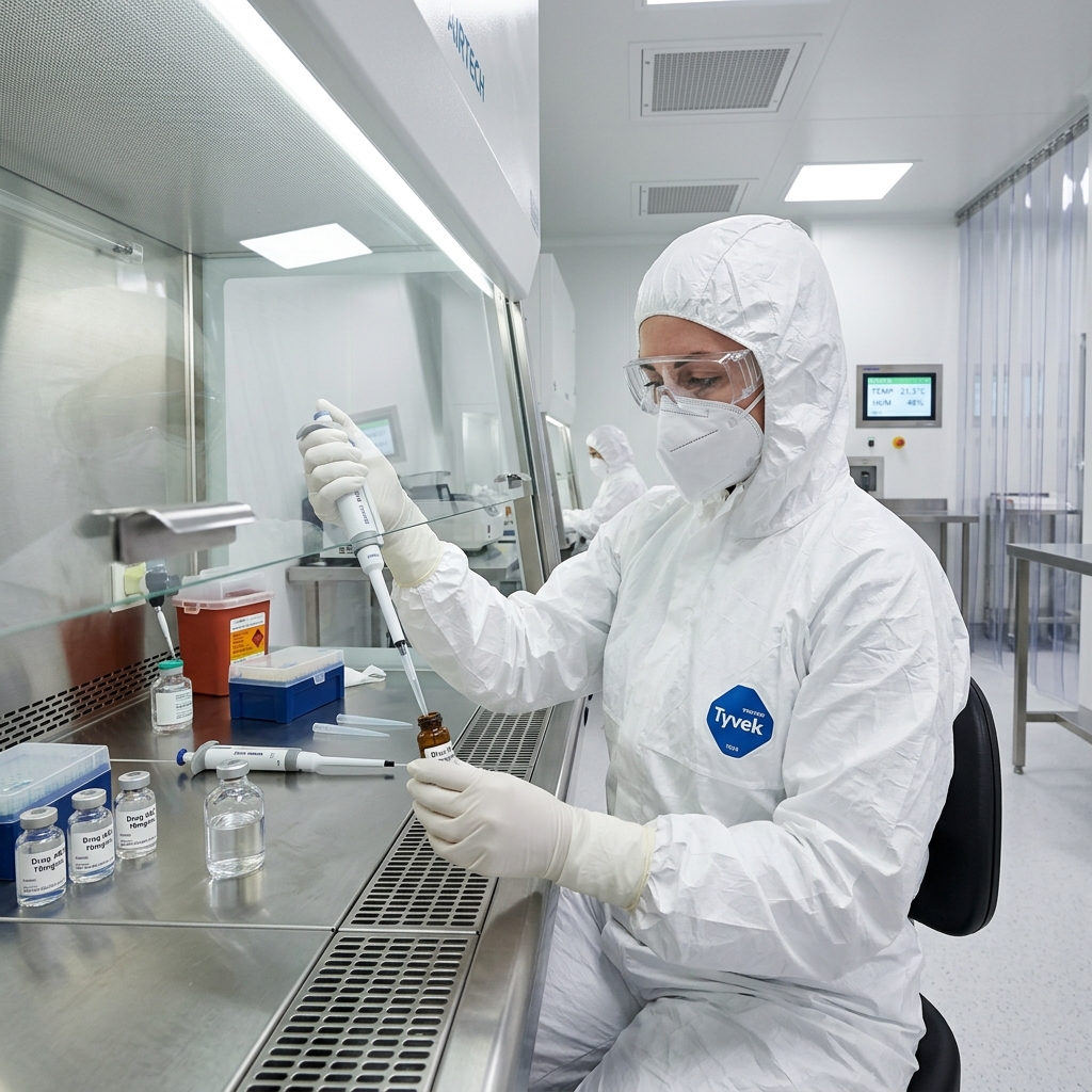 A pharmacist preparing compounded medications in a sterile cleanroom environment