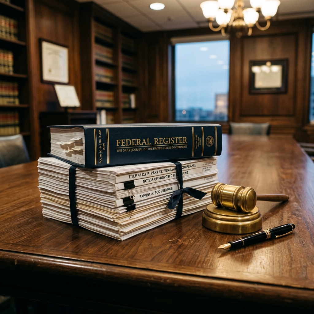 Legal documents and a gavel on a conference room table
