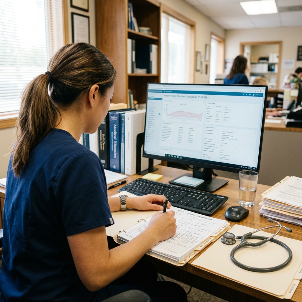 Healthcare provider documenting patient records on a computer and medical chart