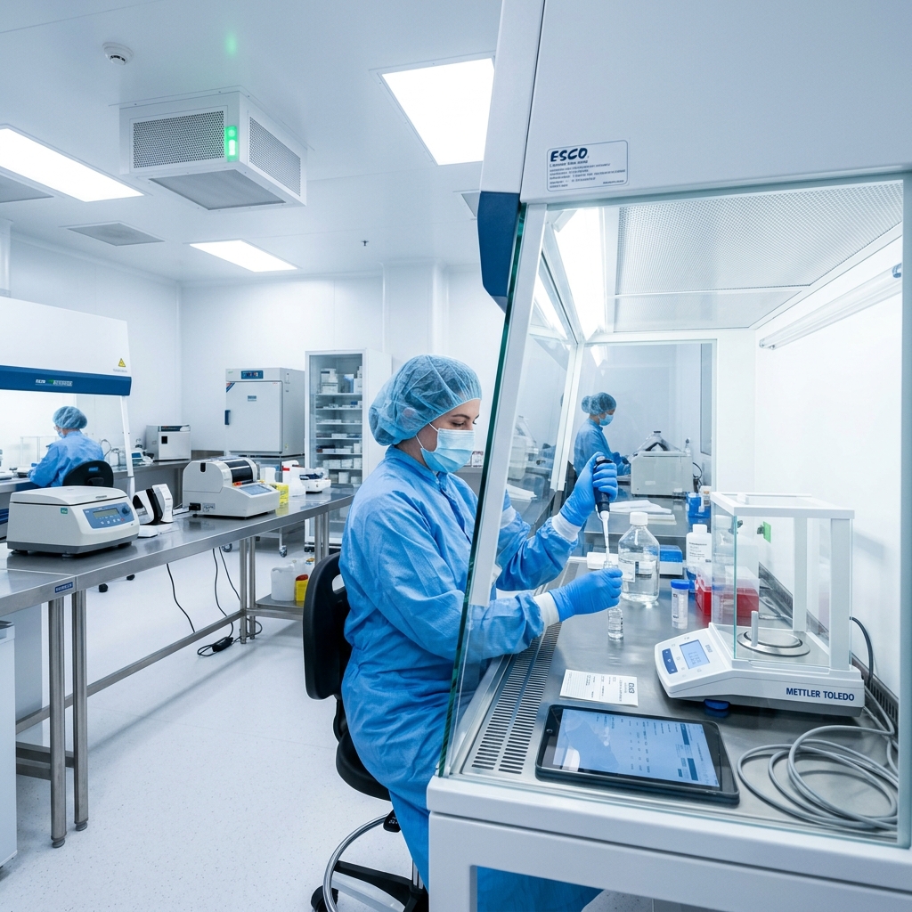 Pharmacist compounding sterile peptide medications inside a cleanroom hood