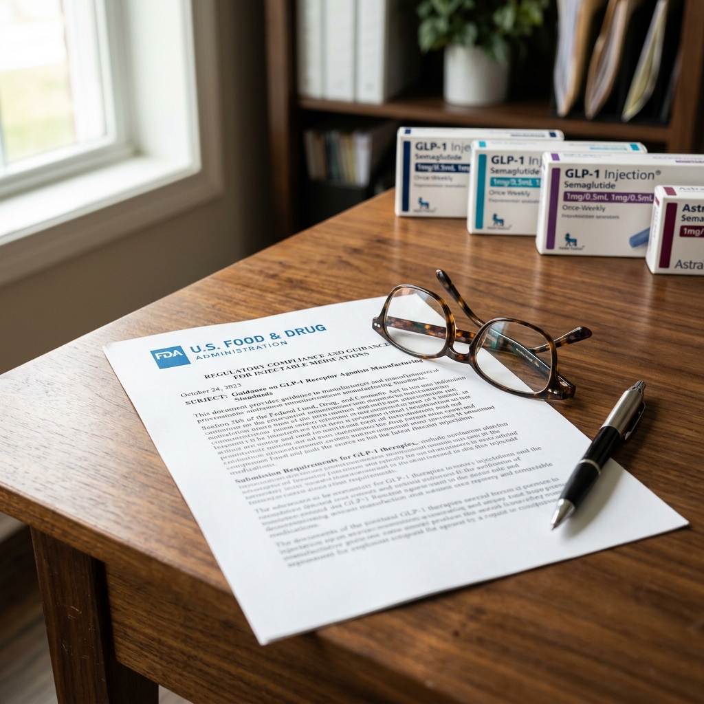 FDA regulatory document on a desk with GLP-1 injection pens in the background