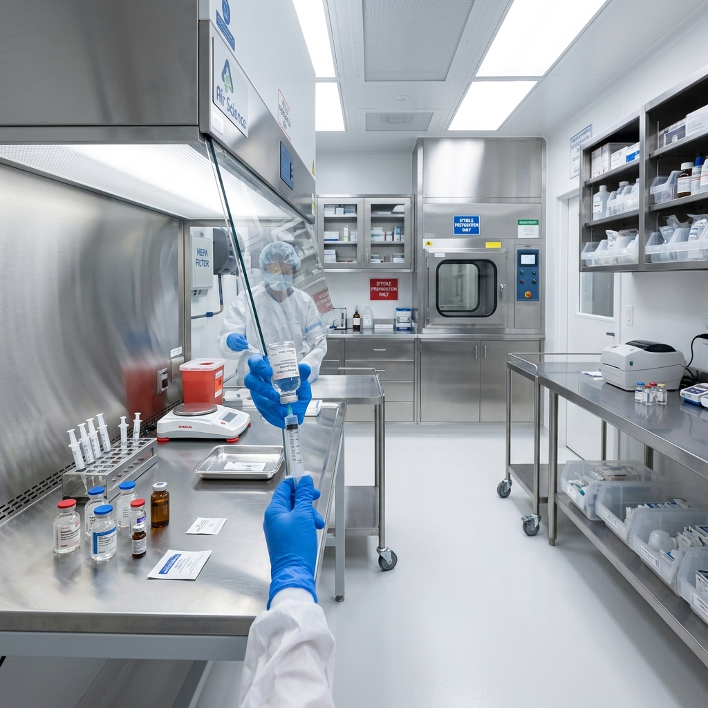 Interior of a sterile compounding pharmacy laboratory with equipment and vials