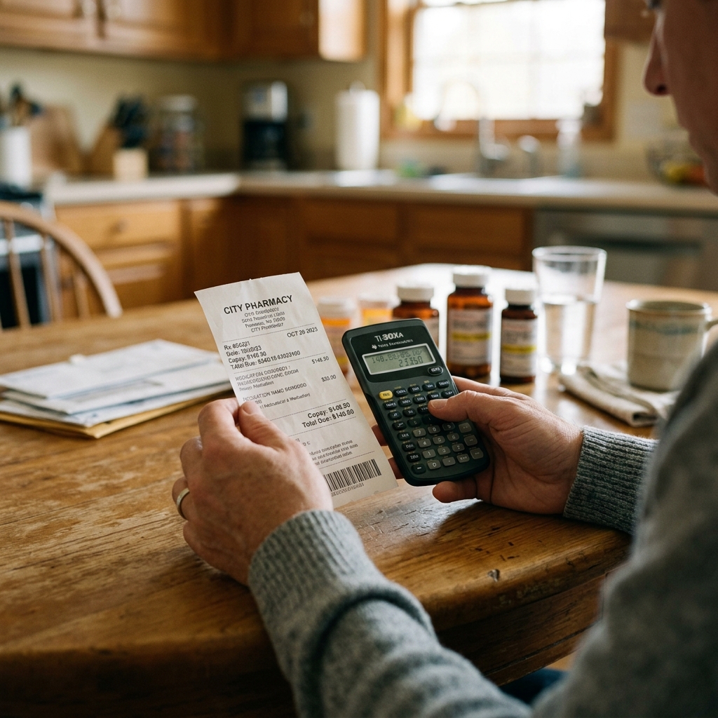 Hands holding a pharmacy receipt and calculator representing medication affordability concerns