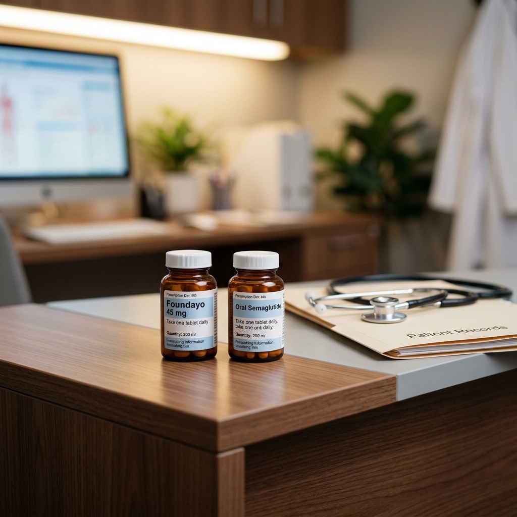 Comparison of Foundayo and Oral Semaglutide pill bottles on a clinical desk