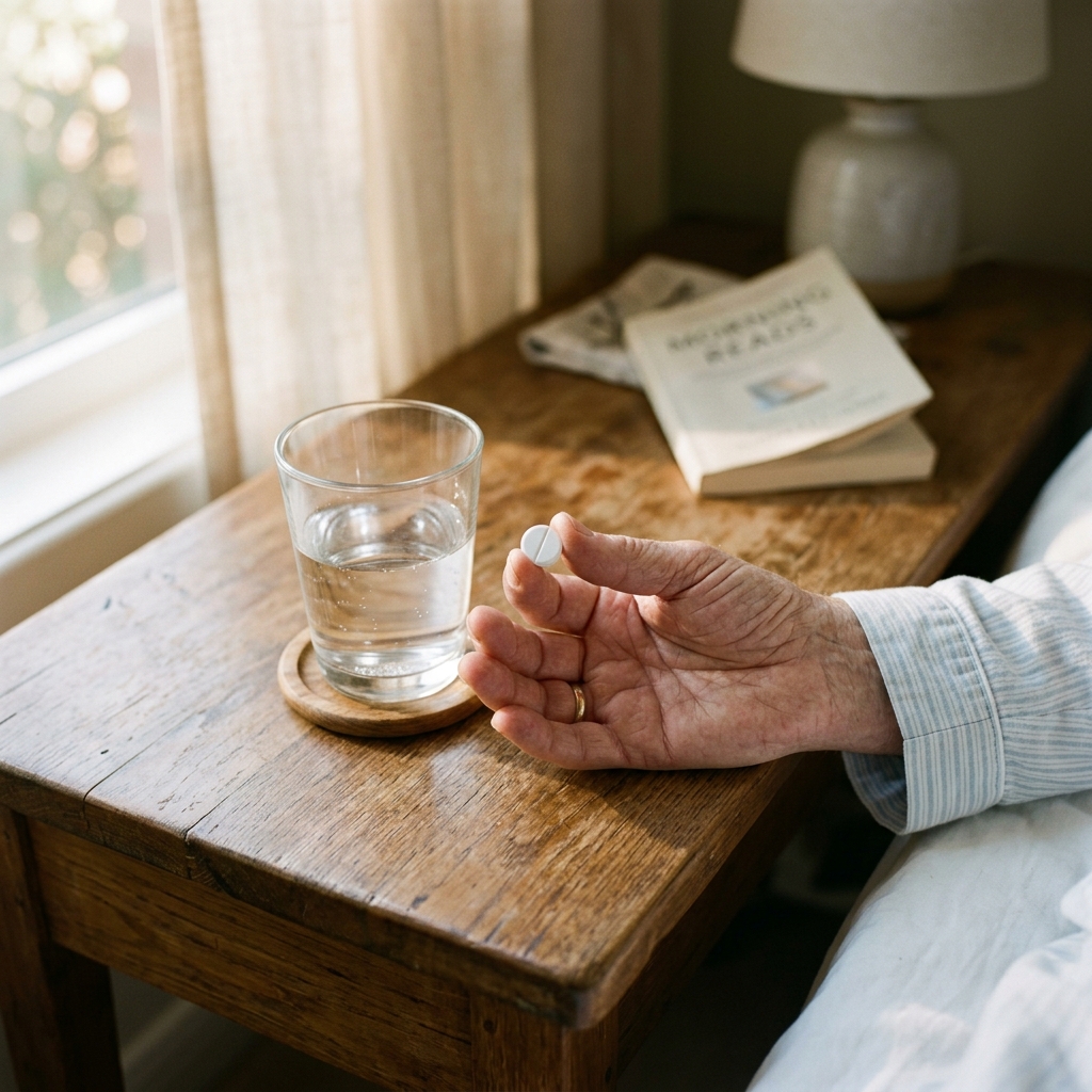 A daily weight loss pill being held in a patient's hand next to a glass of water