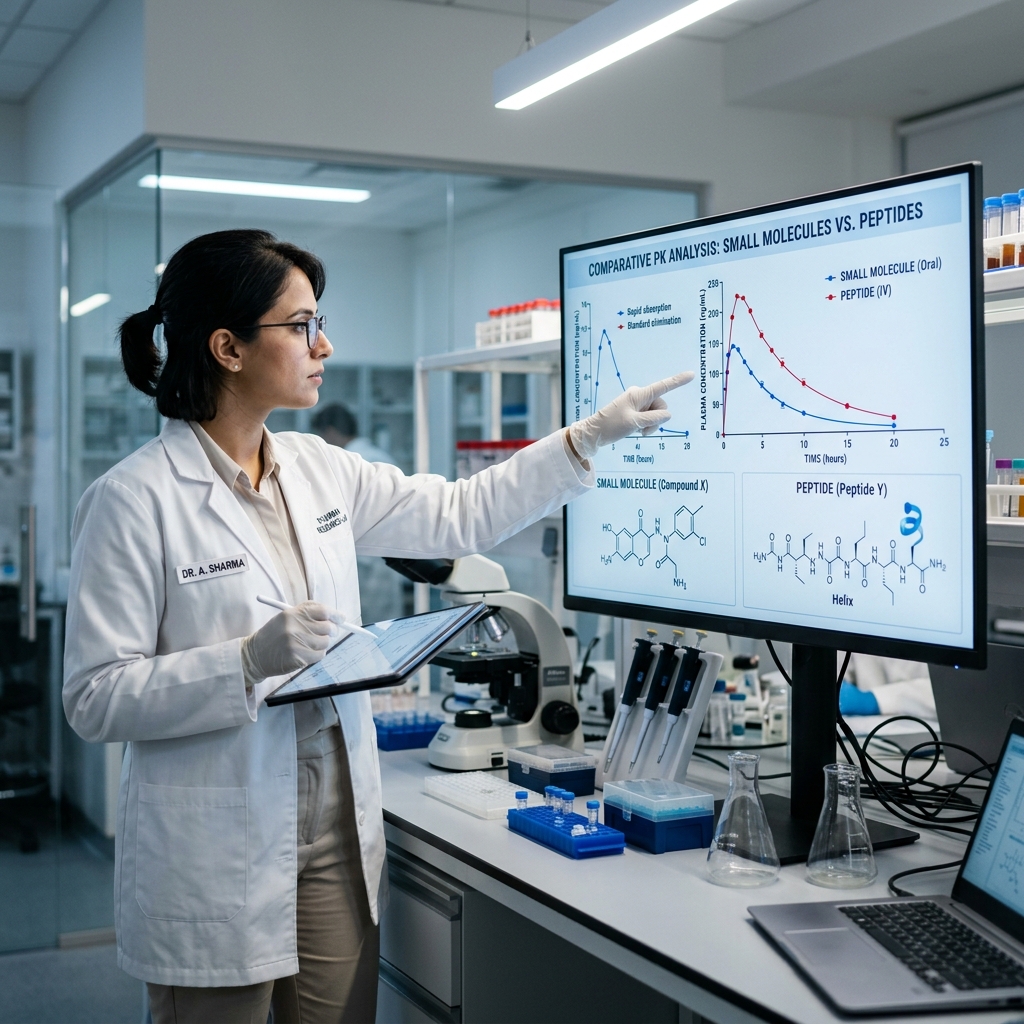 A medical researcher analyzing pharmacokinetic data comparing peptides and small molecules