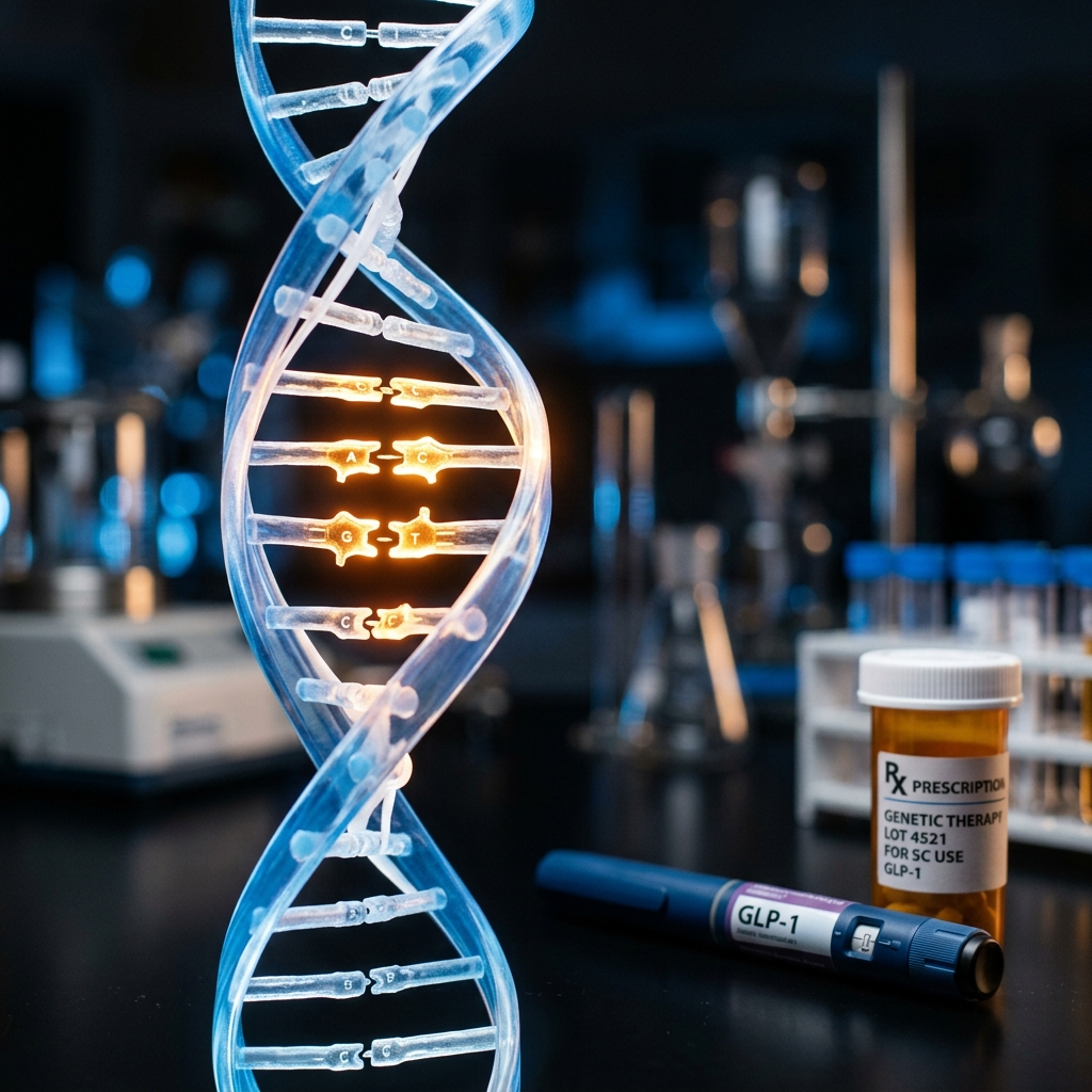 DNA double helix structure with highlighted genetic variants and a GLP-1 injection pen in the background