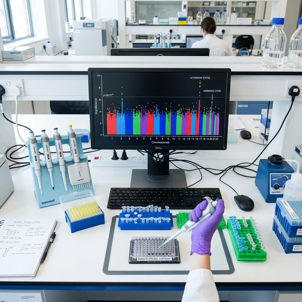 Genetics laboratory workstation displaying a Manhattan plot from a genome-wide association study