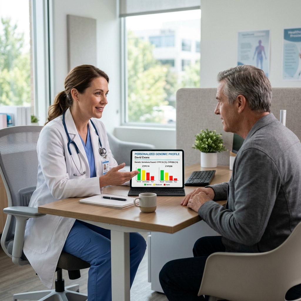Healthcare provider discussing a genetic report with a patient during a clinical consultation