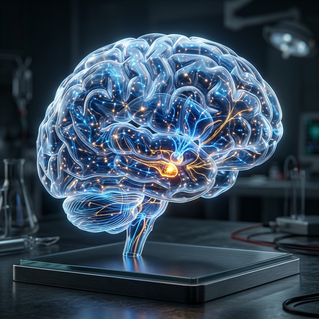 3D rendering of a human brain highlighting neural reward circuit pathways in the hindbrain, amygdala, and dopamine centers