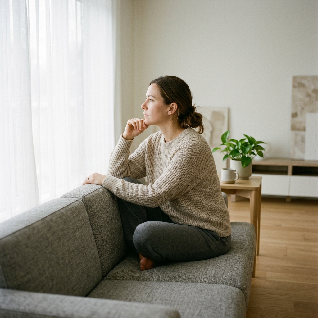 Person sitting contemplatively on a couch looking out a window, representing emotional introspection during medication use