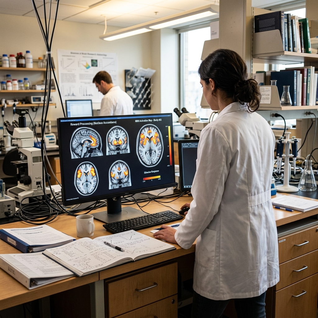 Researcher examining brain scan images on a monitor in a neuroscience laboratory setting