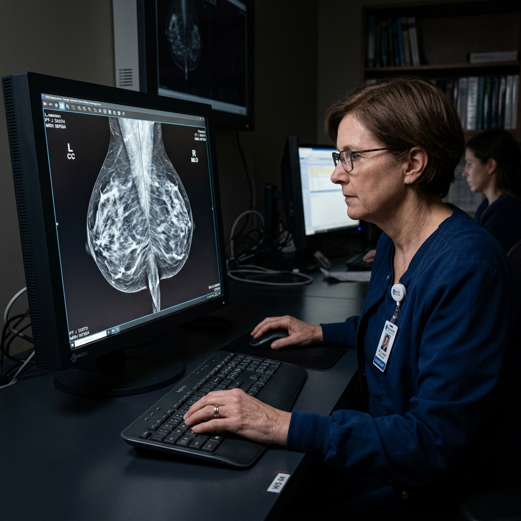 Breast radiologist reviewing a digital mammogram on a clinical monitor