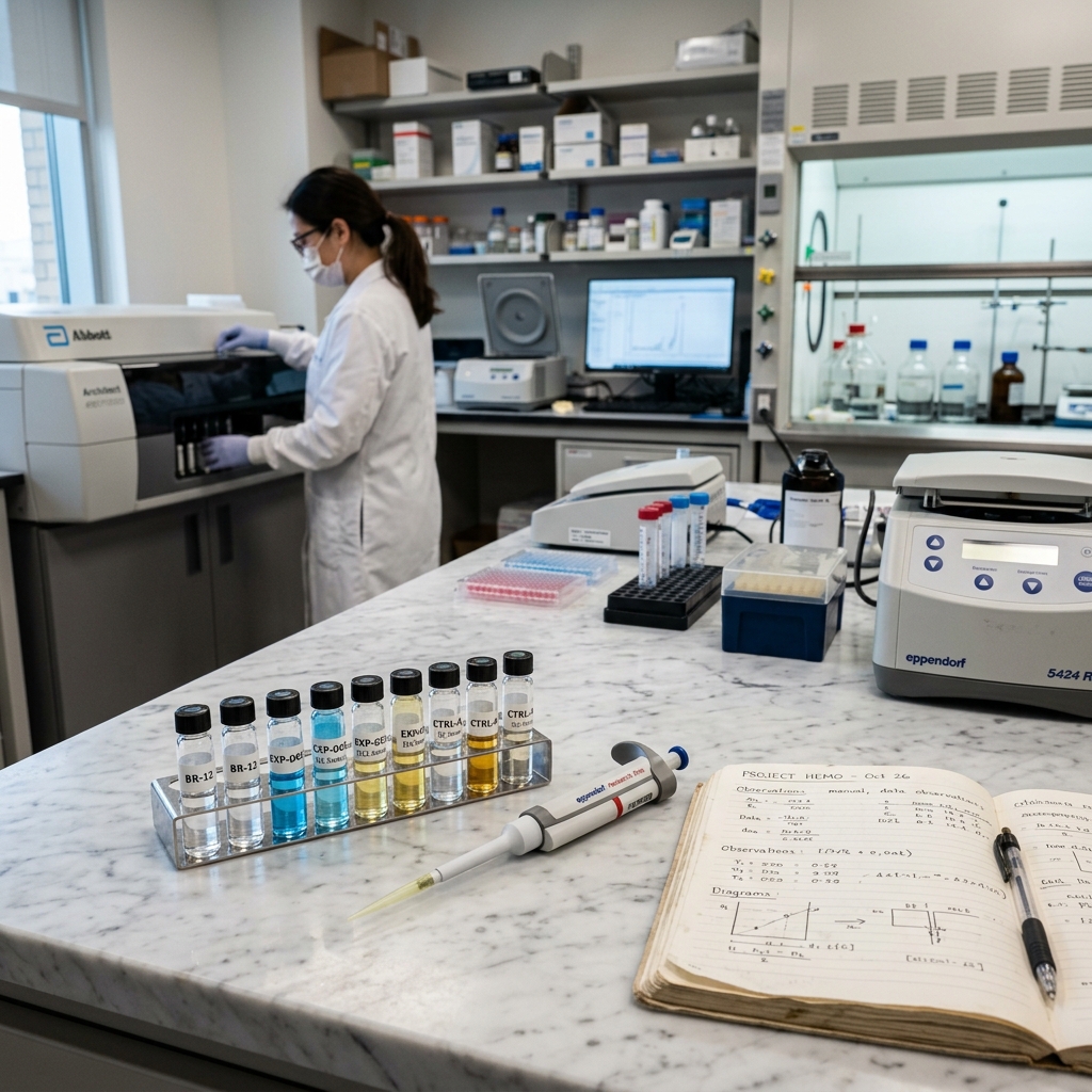 Biochemistry lab counter with research vials and a micropipette