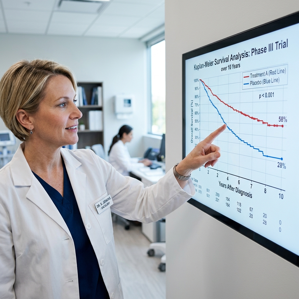A medical professional presenting a survival analysis chart on a computer monitor.