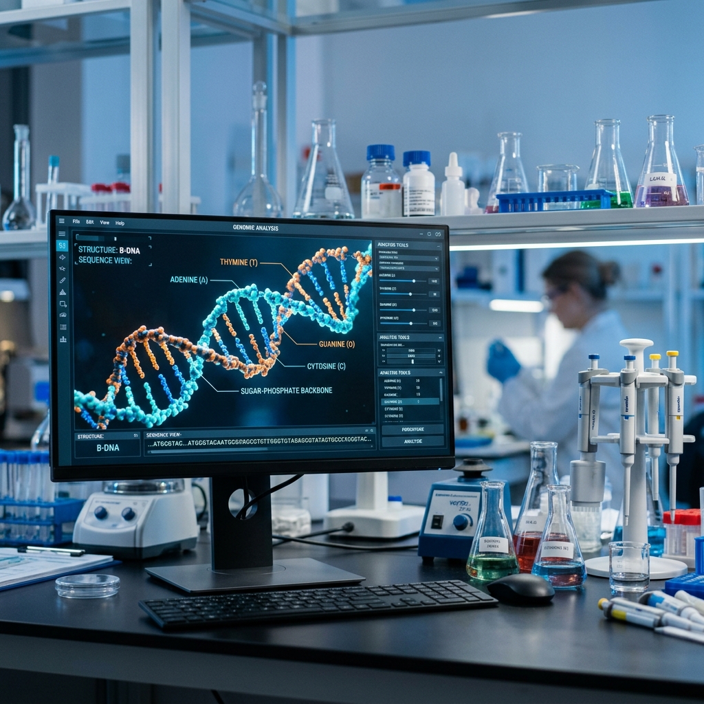 A computer screen showing genomic pathways in a molecular biology lab.