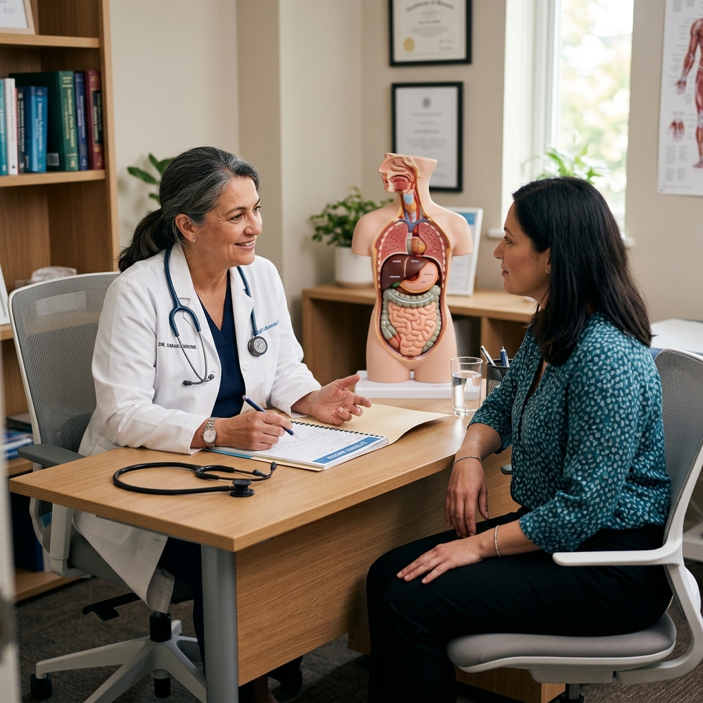 A doctor discussing health outcomes with a patient in a consultation room.