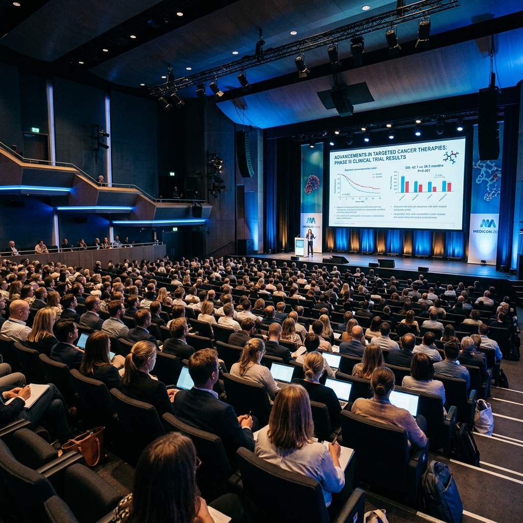 Medical conference auditorium with researchers presenting cancer study data
