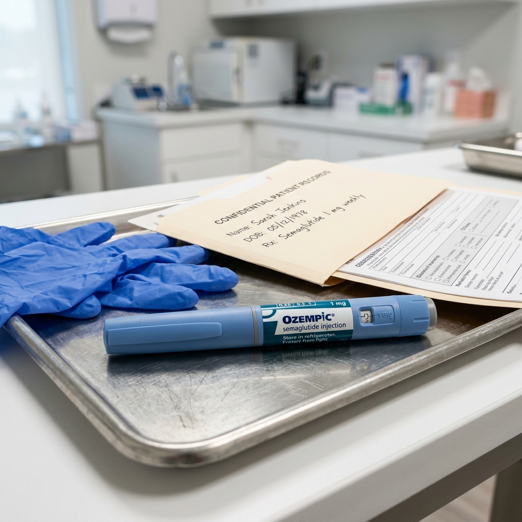 GLP-1 injection pen on a clinical tray with medical supplies