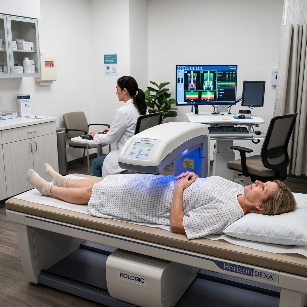 A patient undergoing a DEXA bone density scan in a clinical office