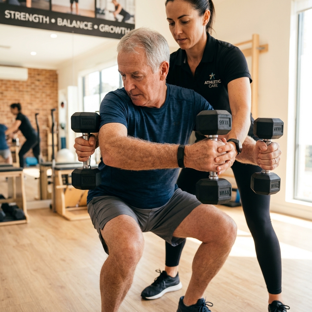 An older adult performing resistance training under supervision in a gym