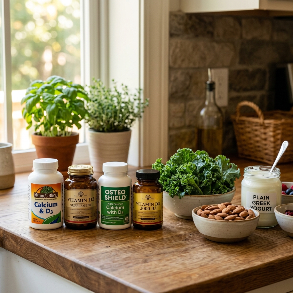 Nutritional supplements and calcium-rich foods on a kitchen counter