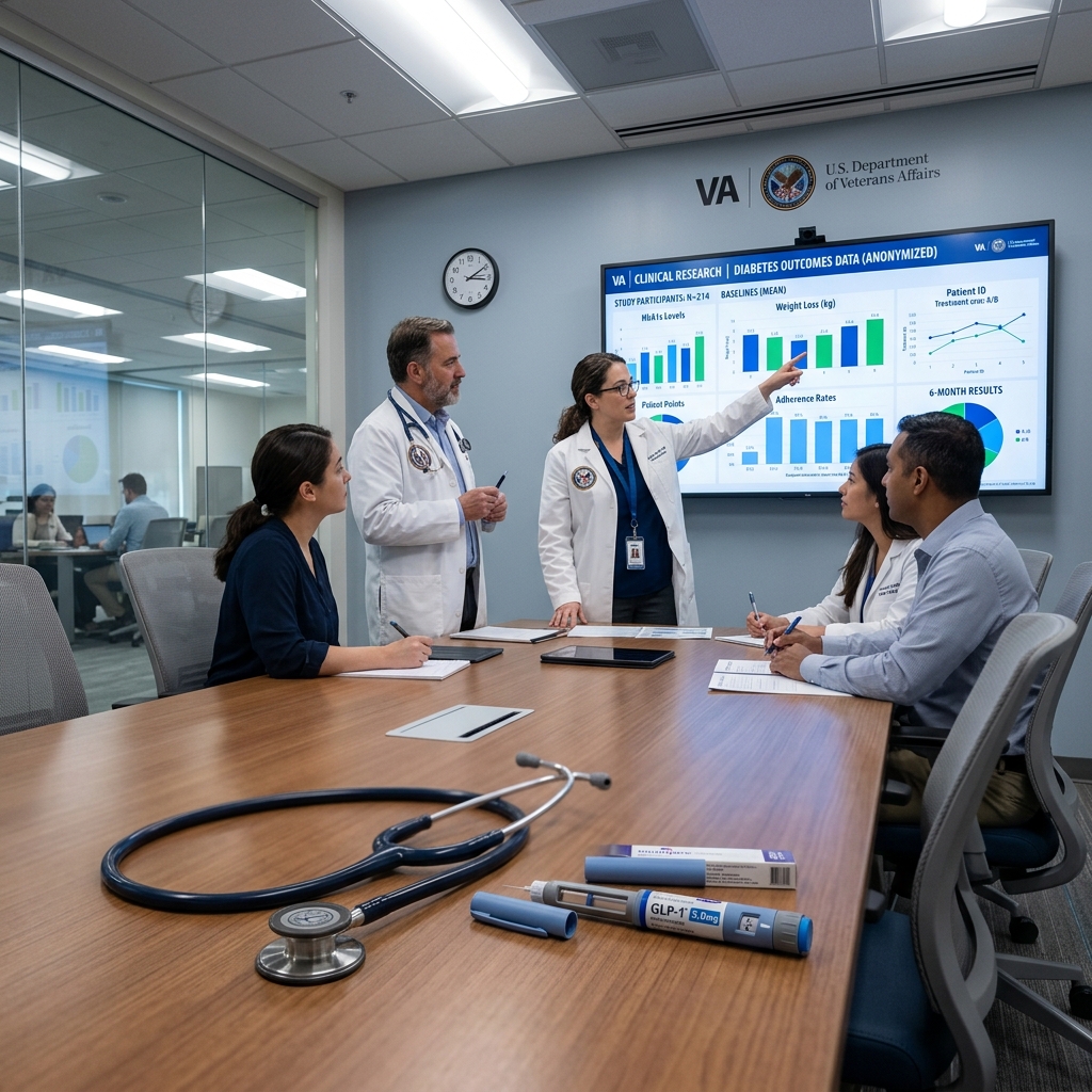 Clinical data analytics display in a VA medical center conference room with a GLP-1 injection pen in the foreground