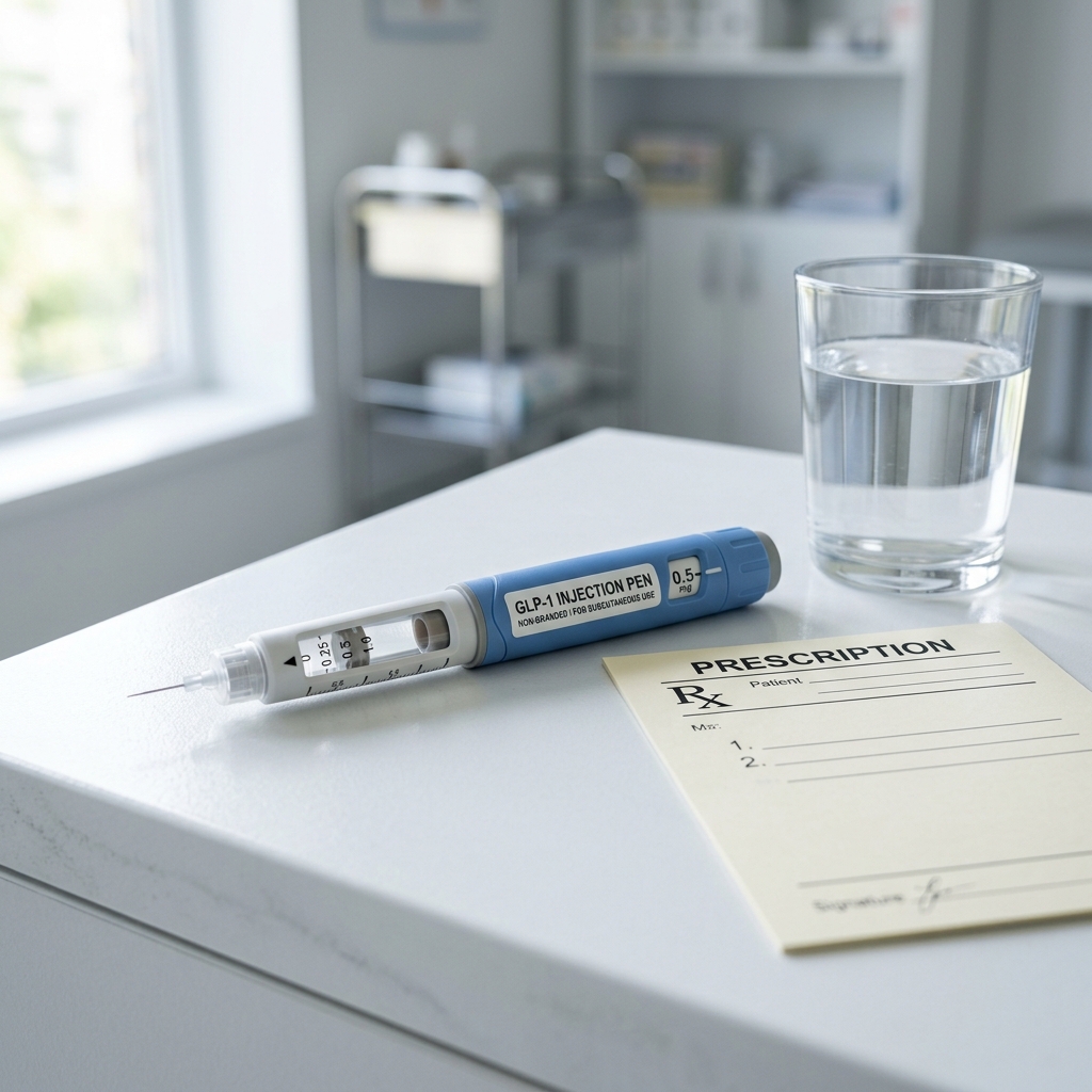 A GLP-1 injection pen on a medical surface next to a prescription pad