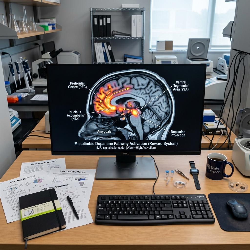 Brain scan showing dopamine reward pathways on a neuroscience research monitor