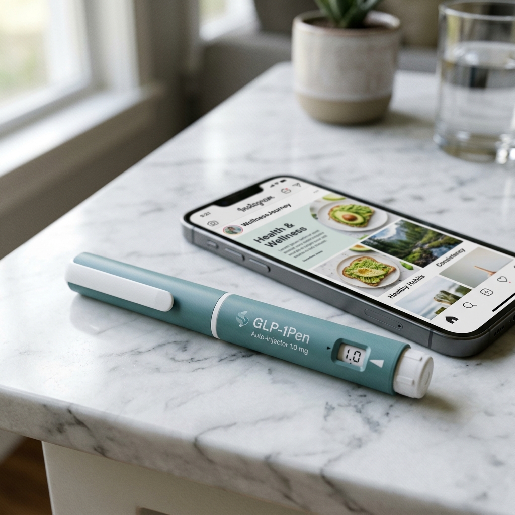 A GLP-1 injection pen on a countertop next to a smartphone showing social media content