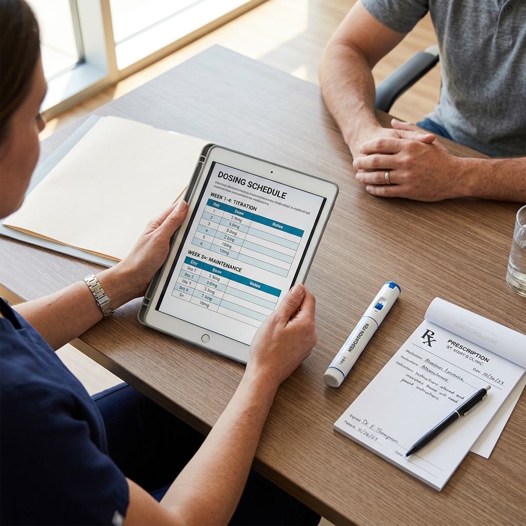 A healthcare provider reviewing GLP-1 dosing charts during a clinical consultation