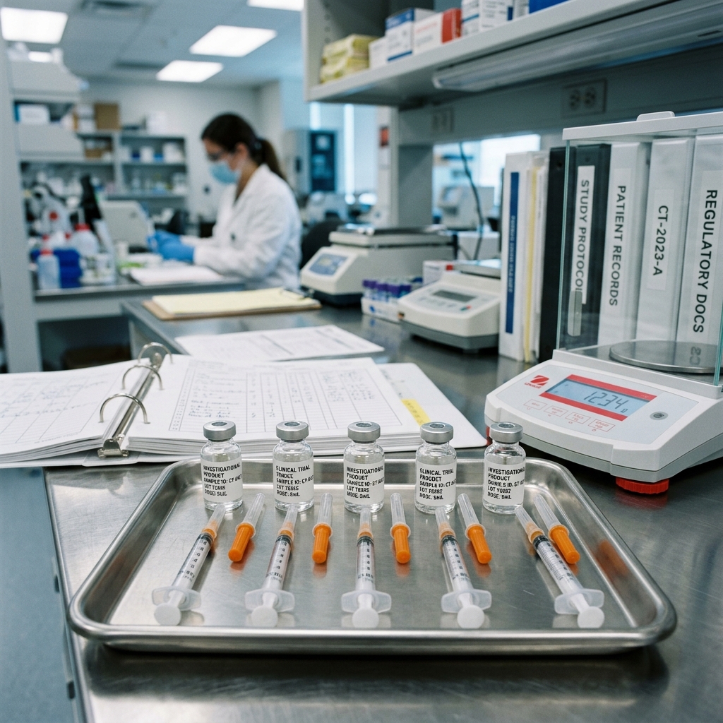 Medication vials and syringes arranged in a clinical research laboratory setting