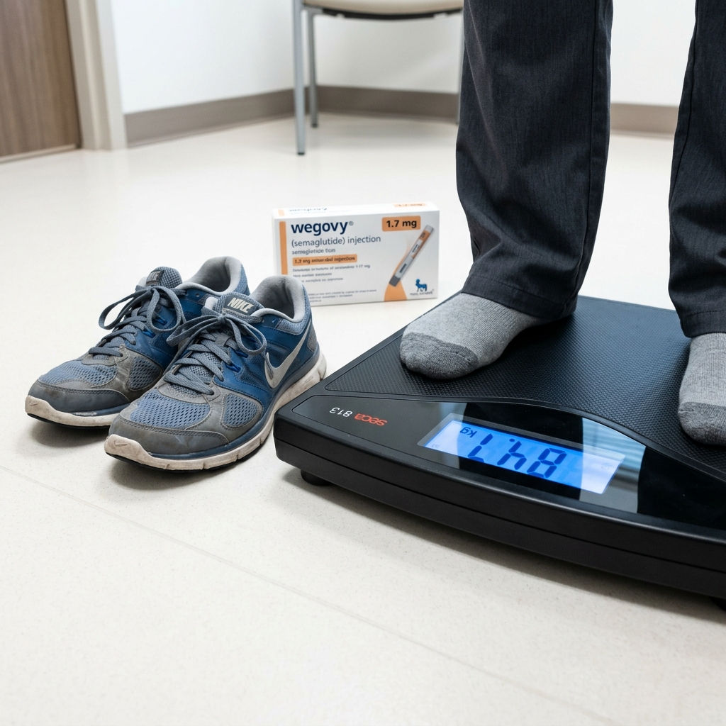 A box of Wegovy 7.2 mg next to a digital medical scale