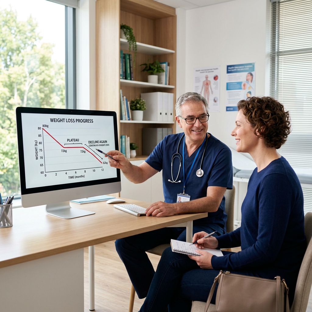 A doctor showing a patient a weight loss plateau chart on a monitor