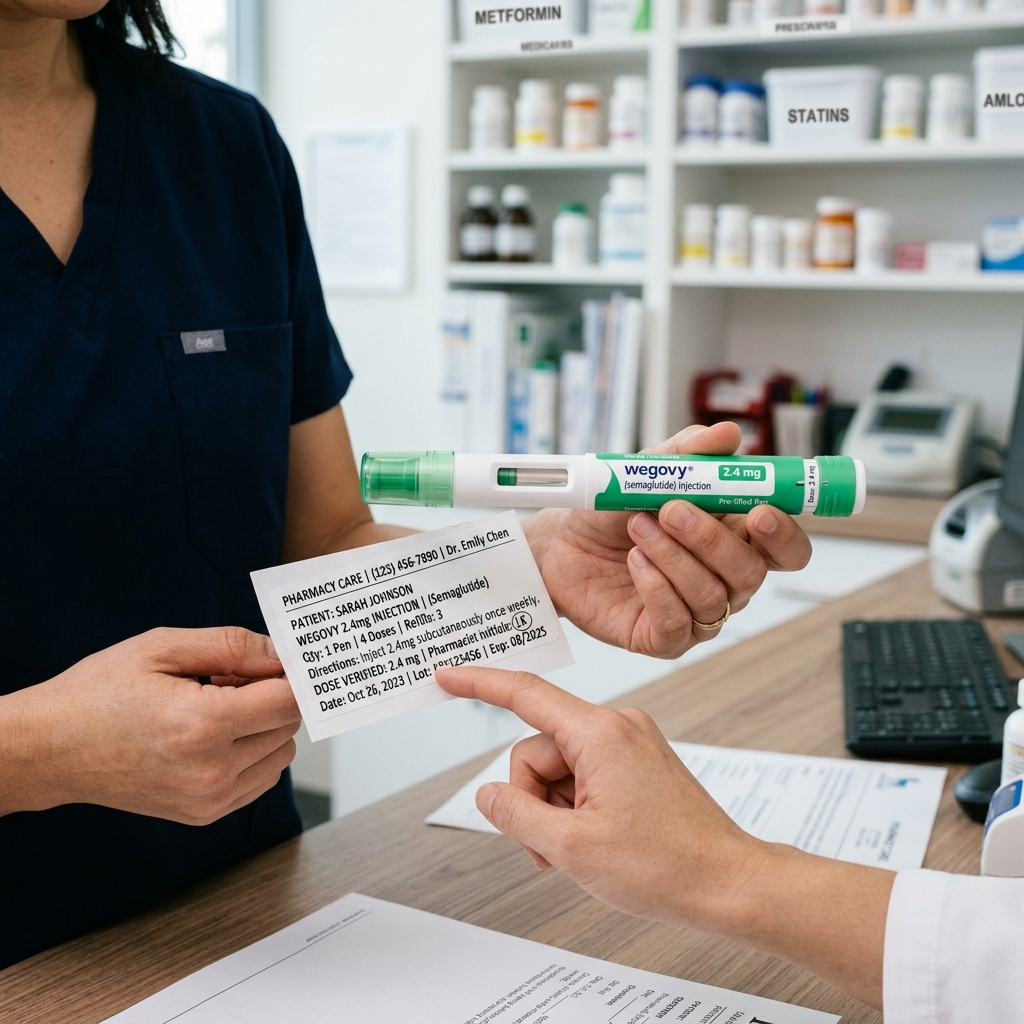 A pharmacist verifying a Wegovy injection pen dose behind the counter