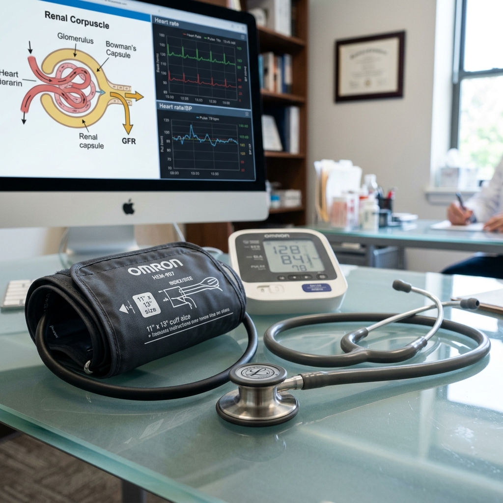 Blood pressure monitor and stethoscope on a clinical glass table