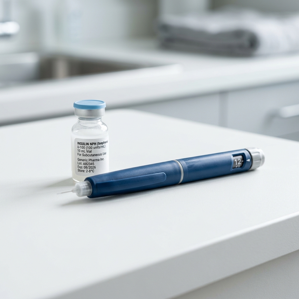 Medical injection pen and insulin vial on a white surface