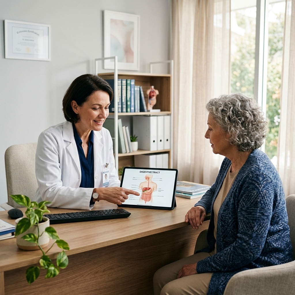 Doctor explaining a diagram on a tablet to a patient in a modern office