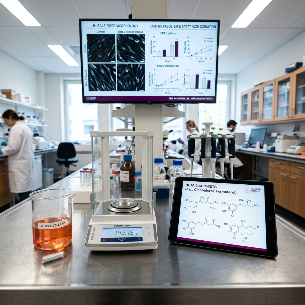 Medical research laboratory with muscle fiber metabolism displays