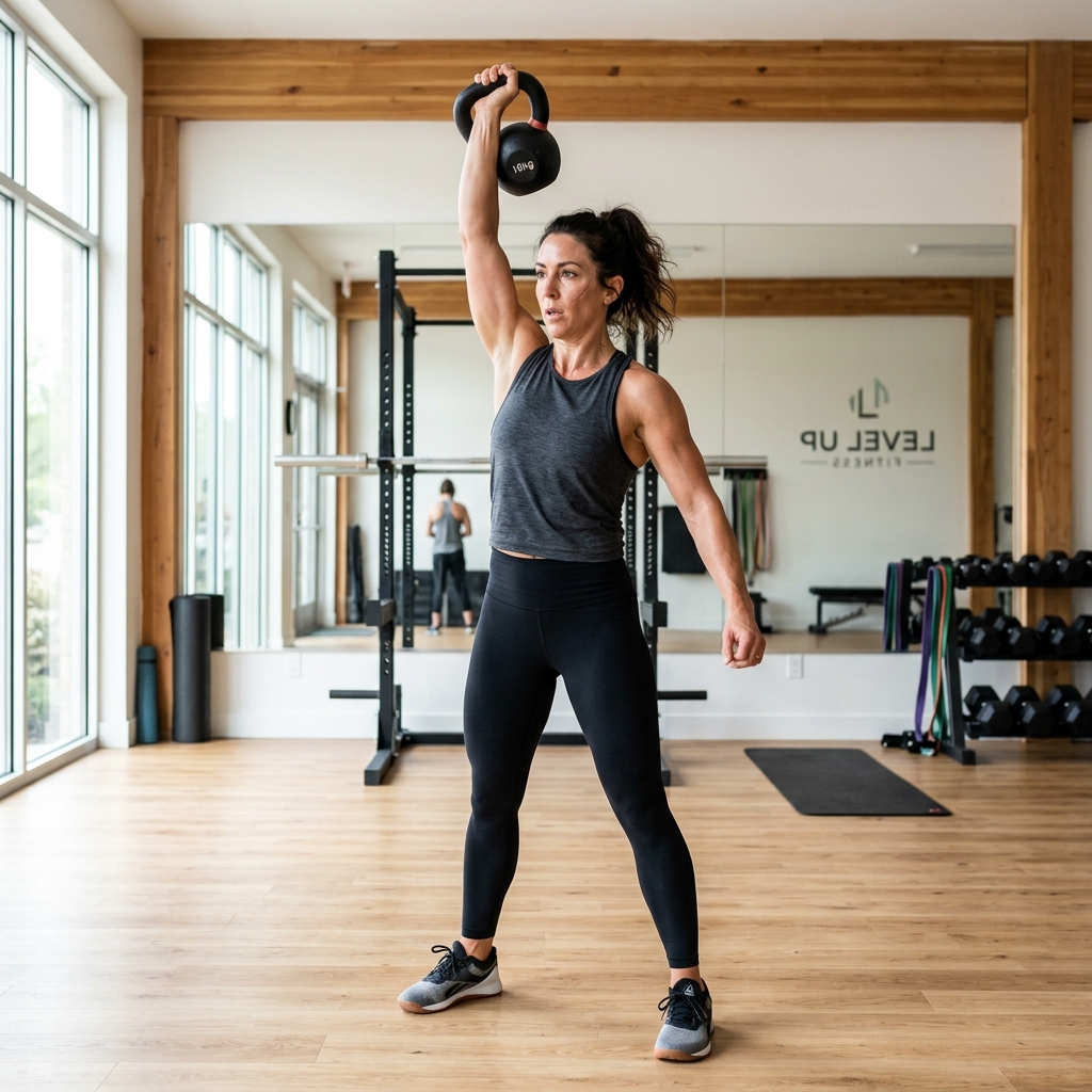 Woman doing kettlebell exercises in a bright training studio