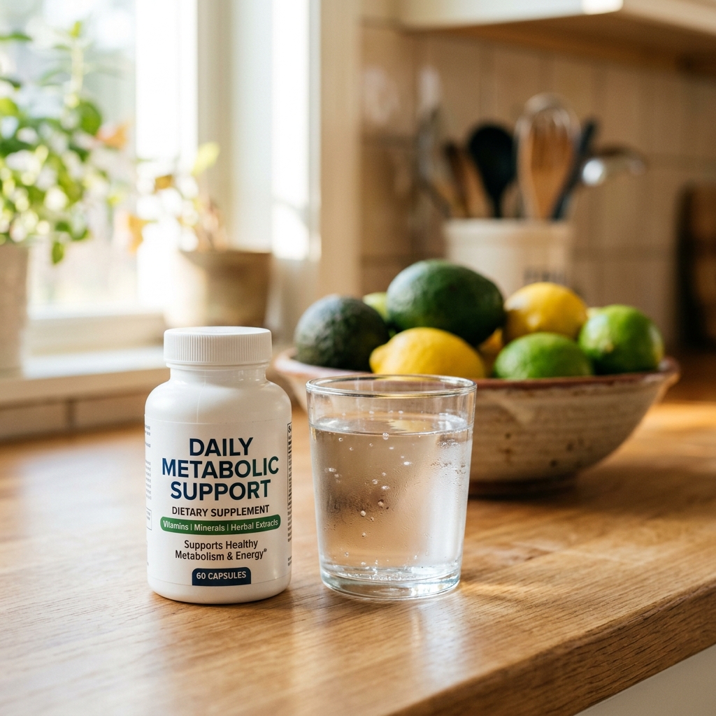Supplement bottle and water glass on a modern kitchen counter