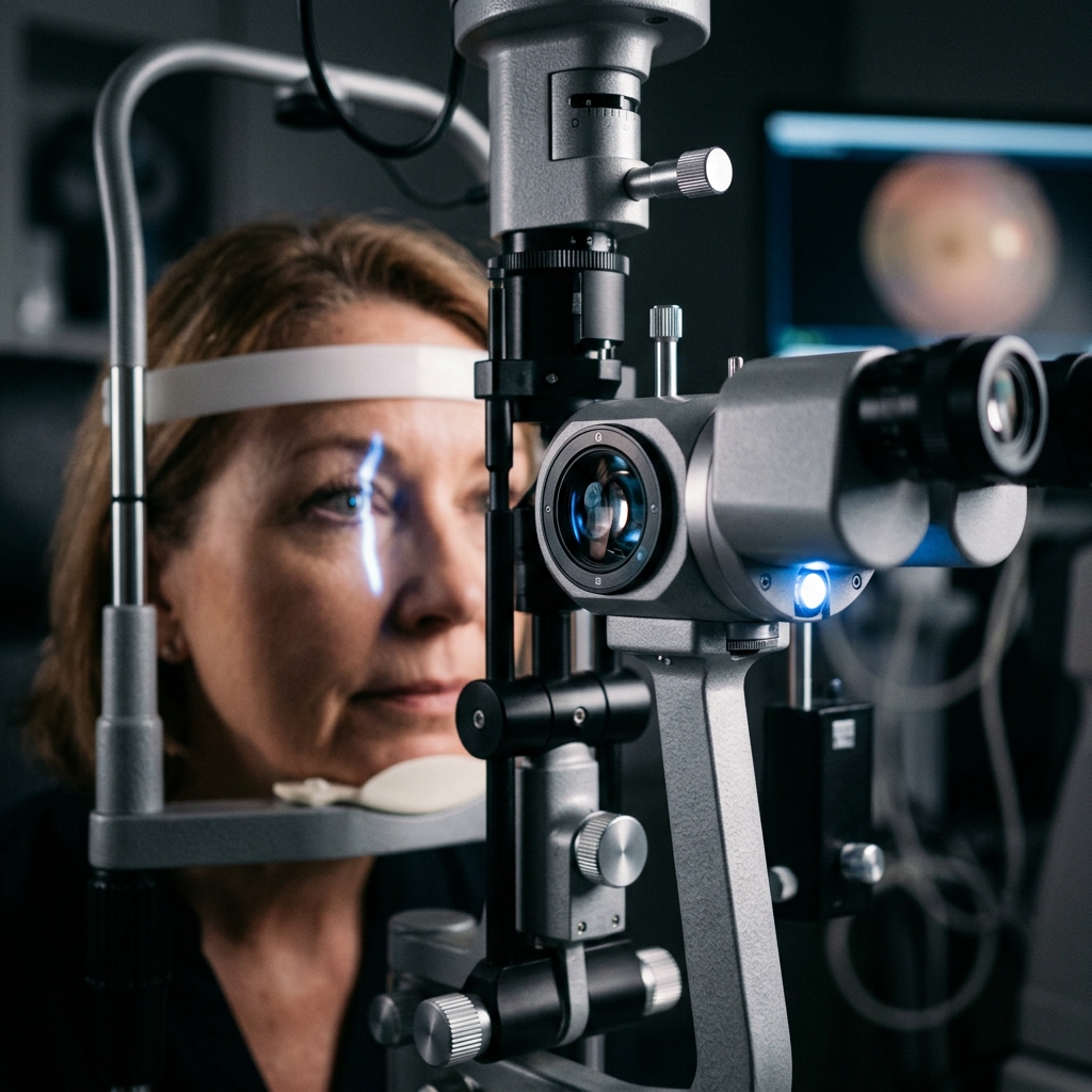 Close-up of a slit lamp microscope used in an eye exam