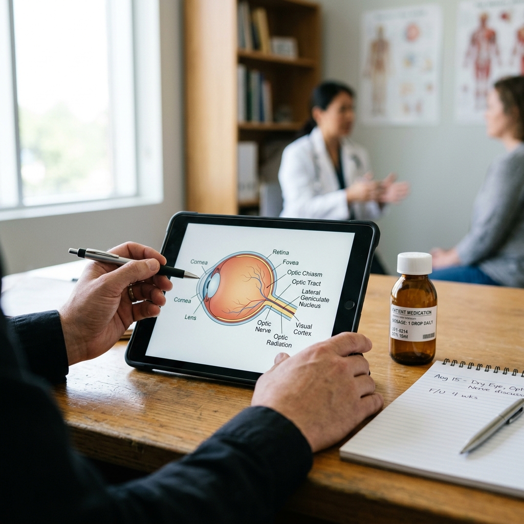 Medical professional discussing eye anatomy using a digital tablet