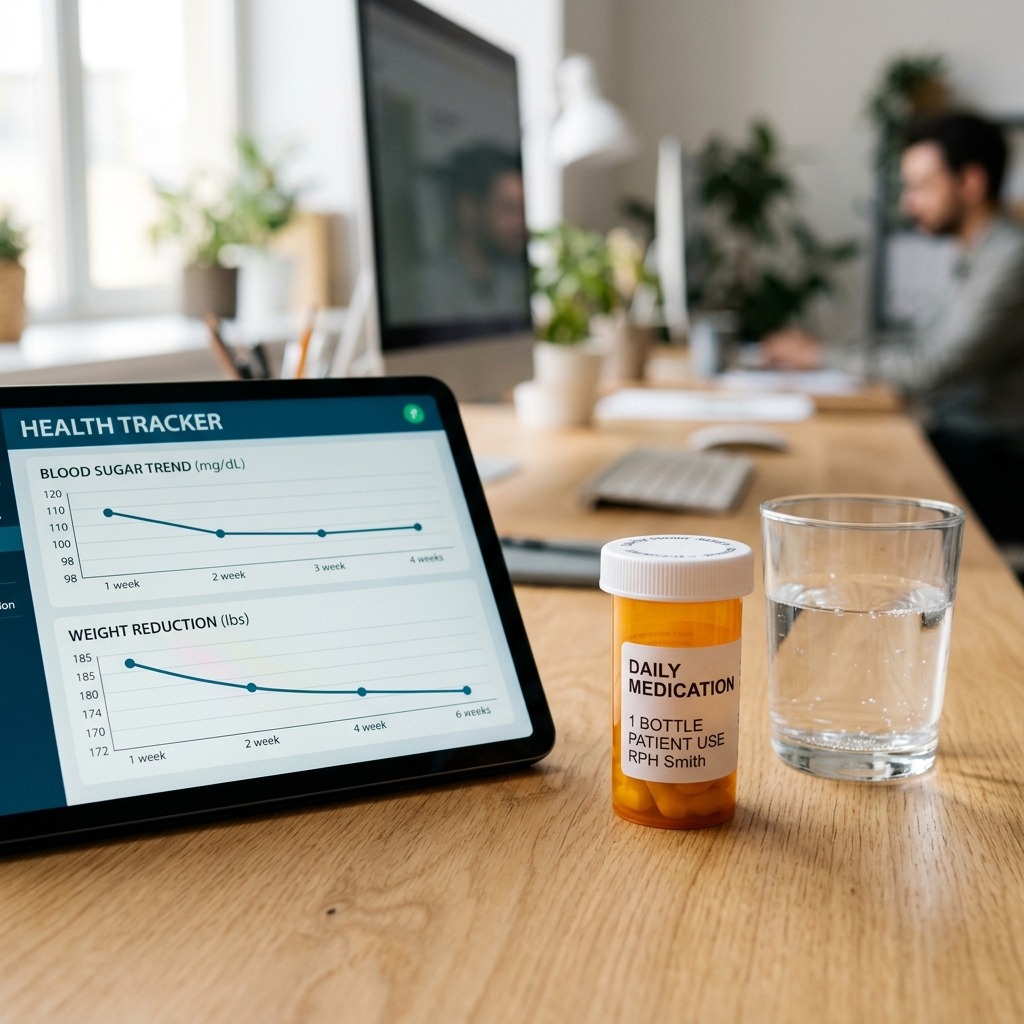 Oral supplement pill bottle and glass of water on a desk