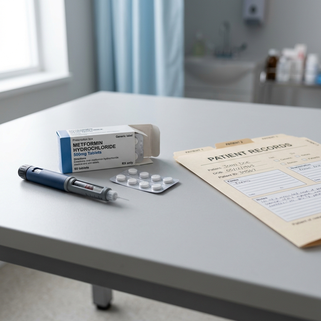 Insulin pen and oral medication pack on a clinical table