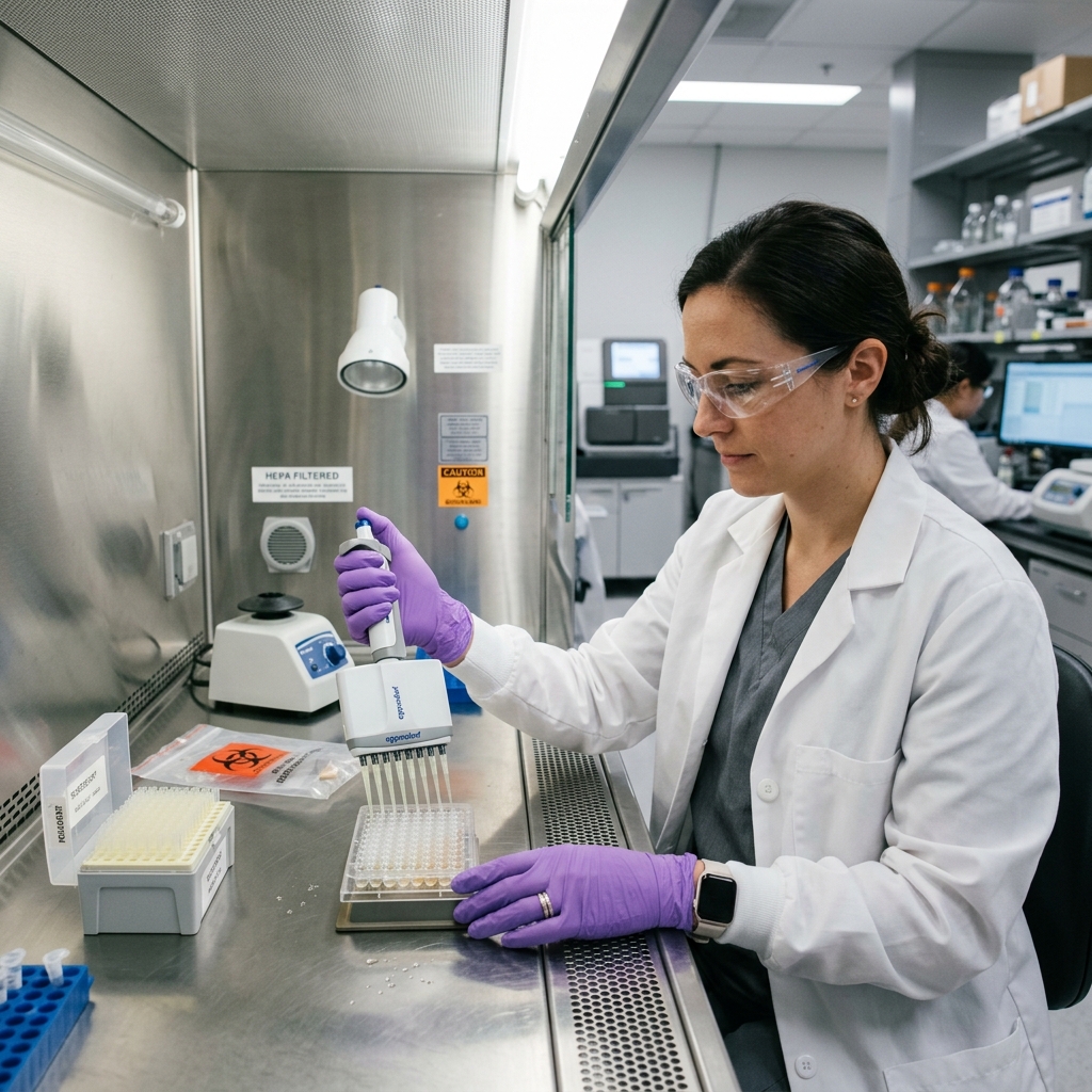 Medical researcher working at a biosafety cabinet in a modern laboratory