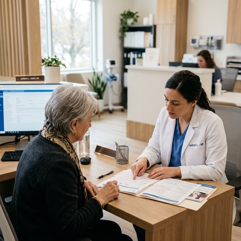 Senior patient consulting with a healthcare provider about medication eligibility